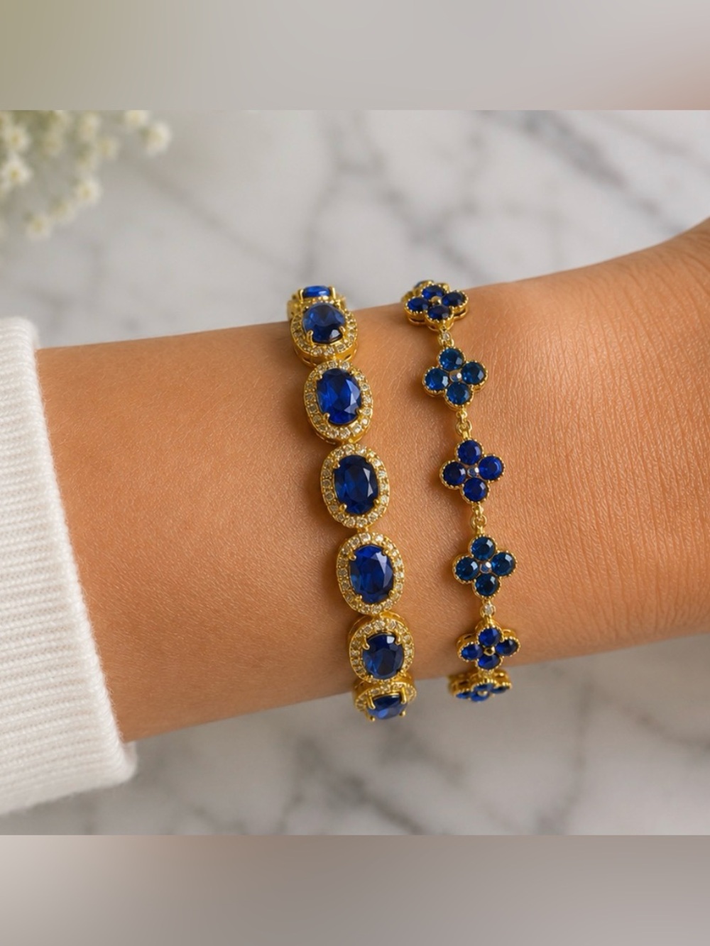2 Bracelet Bundle:New Blue Mini Clover Crystal Bracelet AND unique bracelet